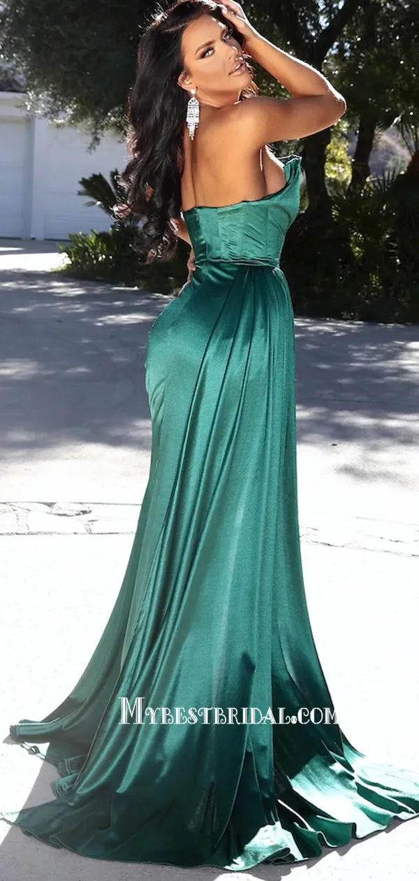 Simple Side Slit Mermaid Soft Satin Sexy Prom Dresses PDS0314