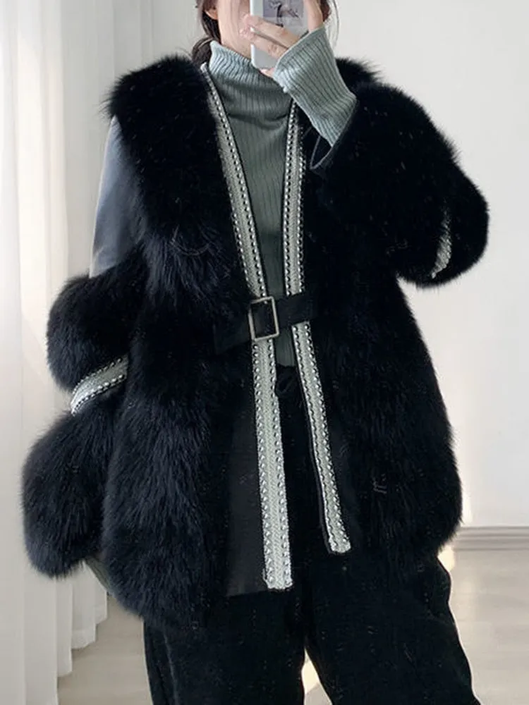 Solid Patchwork Belt Faux Fur Coats For Women V Neck Long Sleeve Temperament Coat Female Fashion Clothing