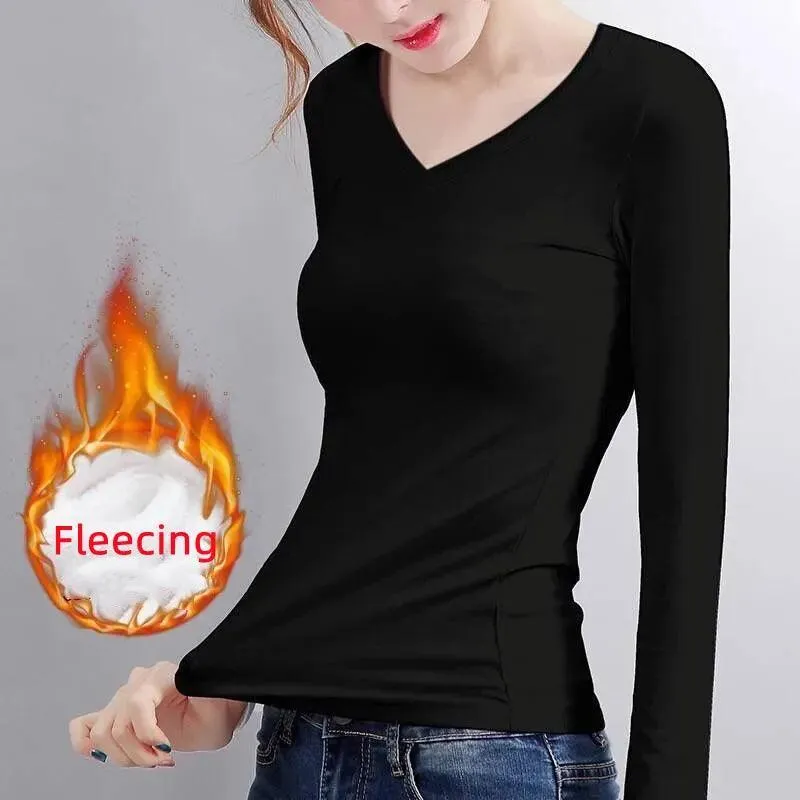 Stay Cozy & Chic: Velvet Slim Fit Thermal Top - O Neck Long Sleeve Shirt