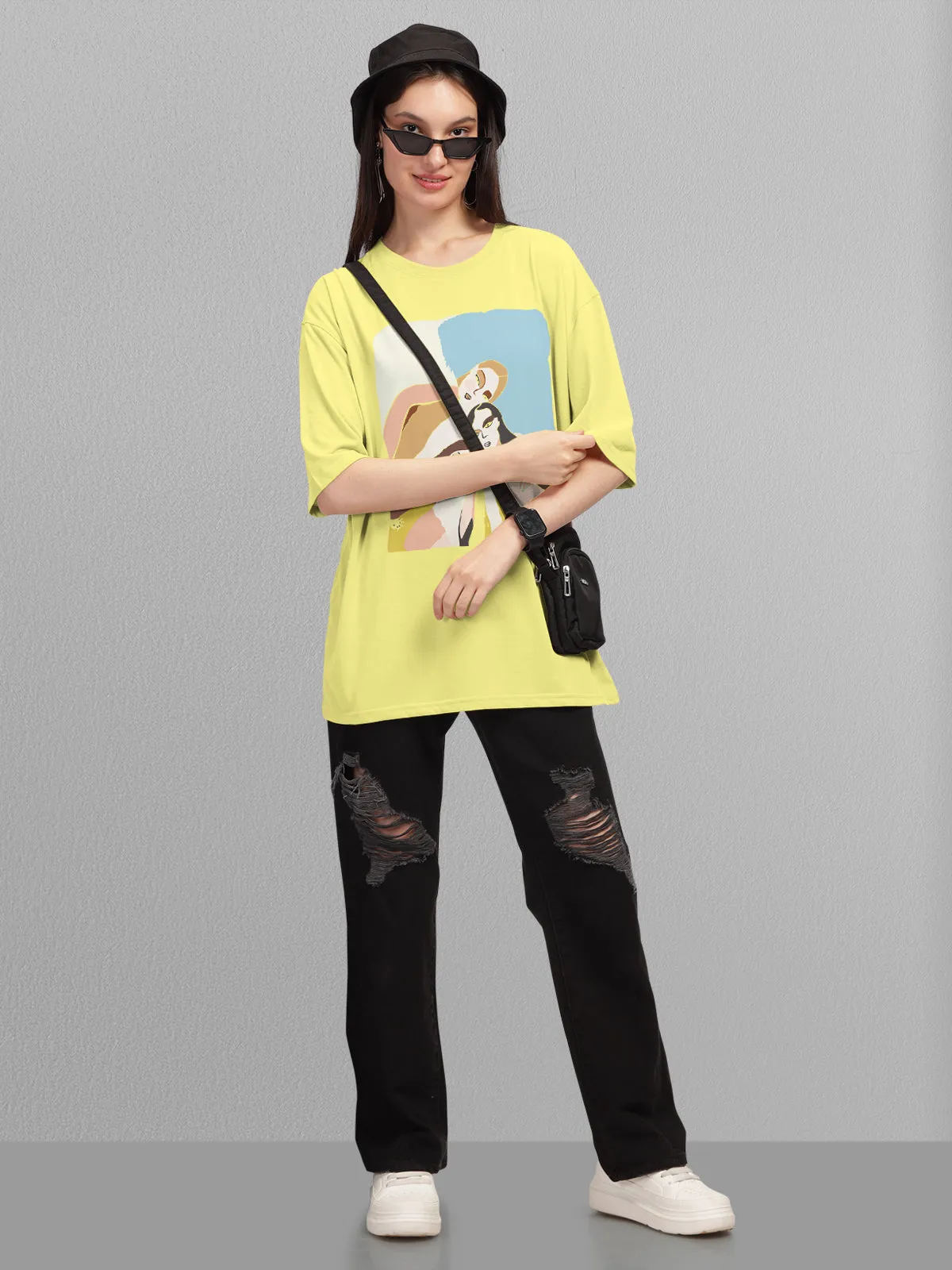 Trendy Yellow Printed Oversized T-shirt for Women