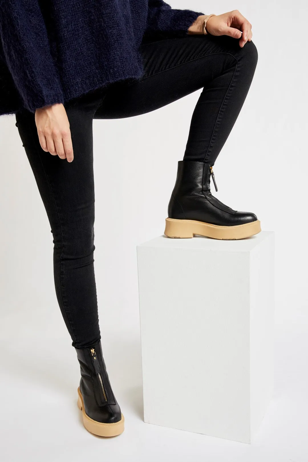 Vela Front Zip Black Ankle Boots