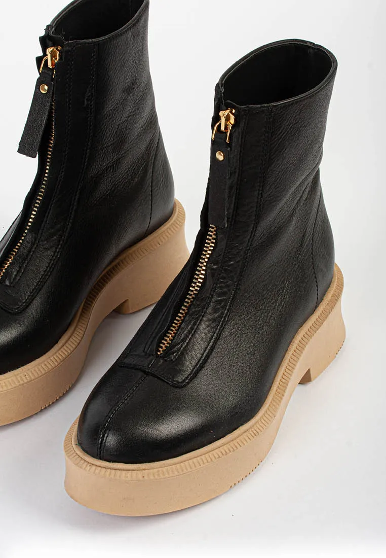 Vela Front Zip Black Ankle Boots