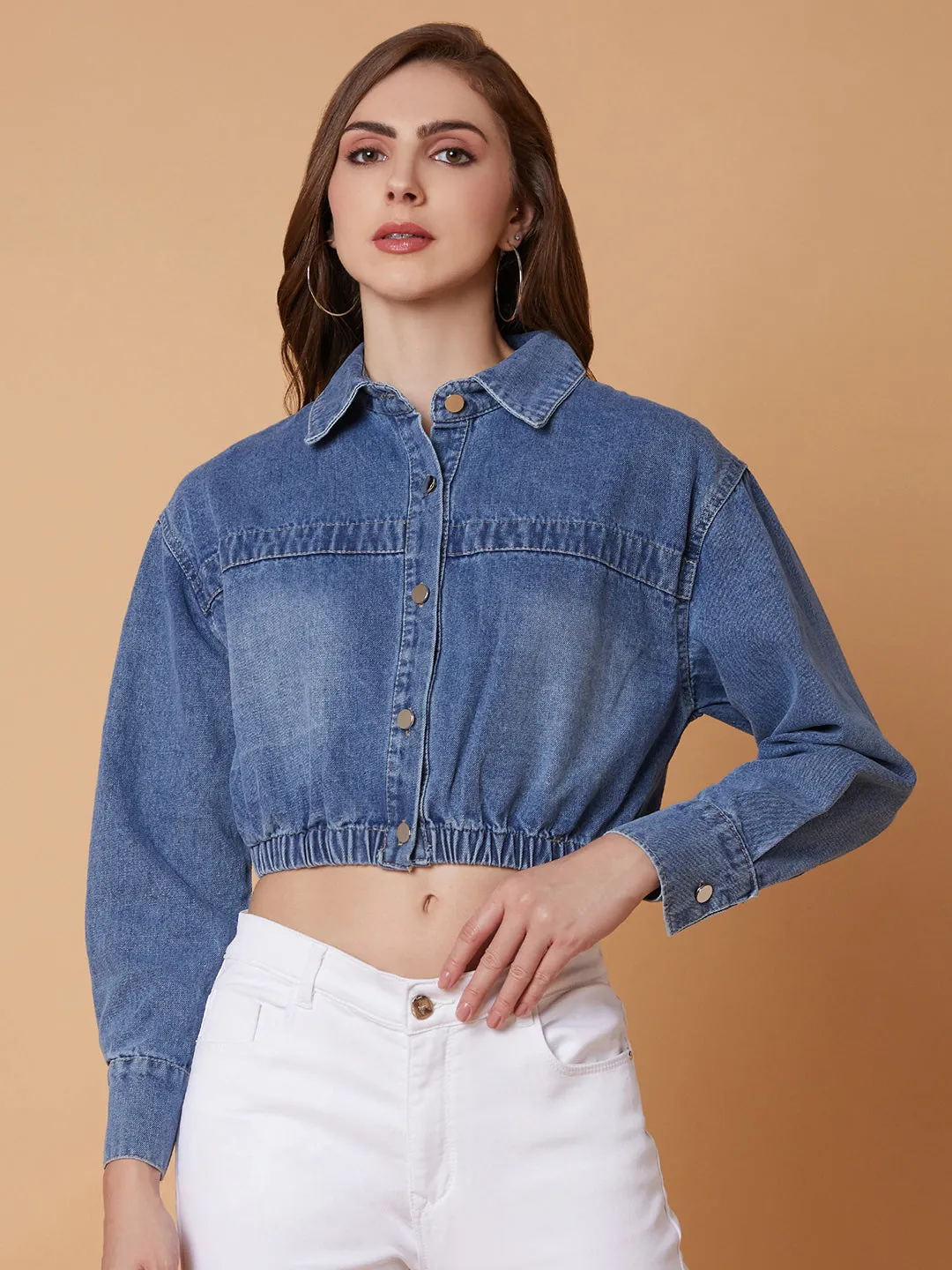 Women Blue Crop Denim Jacket