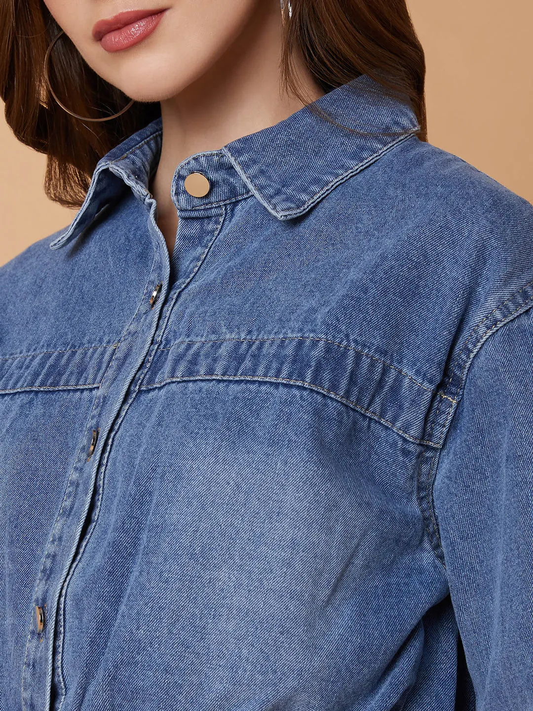 Women Blue Crop Denim Jacket