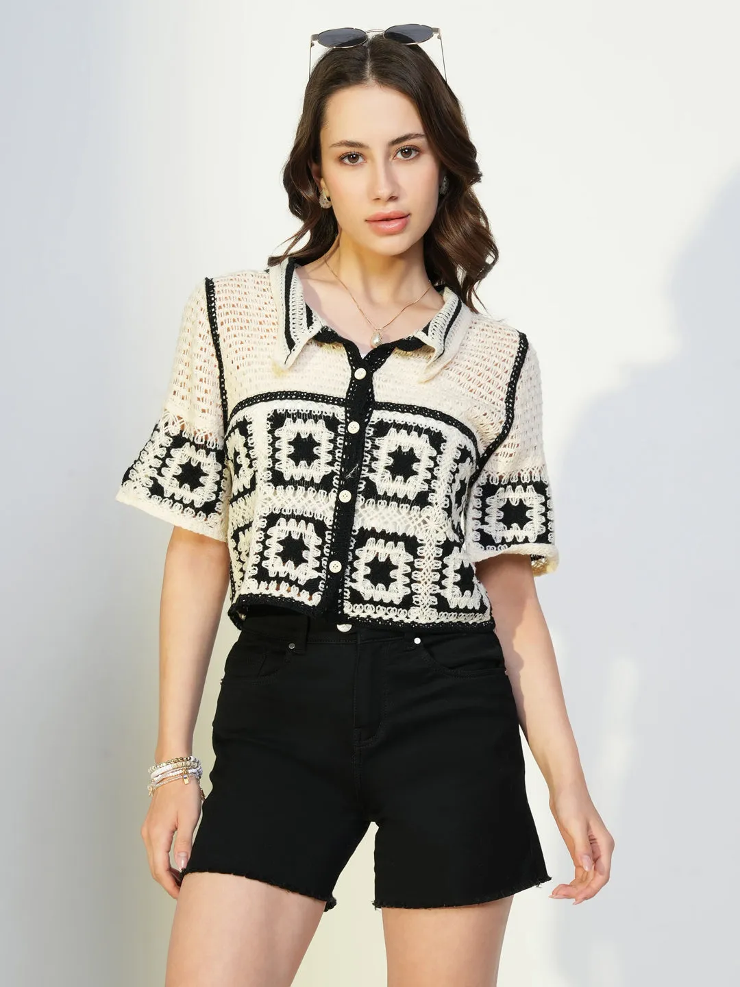 Women Cream Geometric Crochet Crop Top