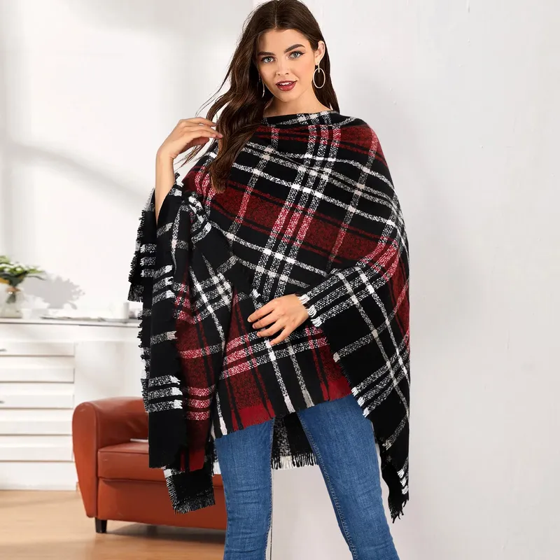 Women's Boho Poncho Shawl Wrap - Knitted Plaid