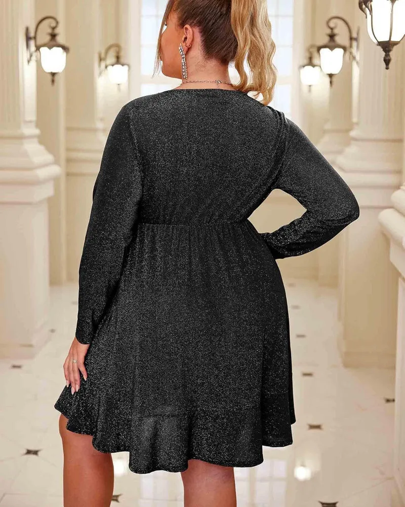 Zeagoo Plus Size Glitter Dress Long Sleeve Ruffle Hem Swing Dresses