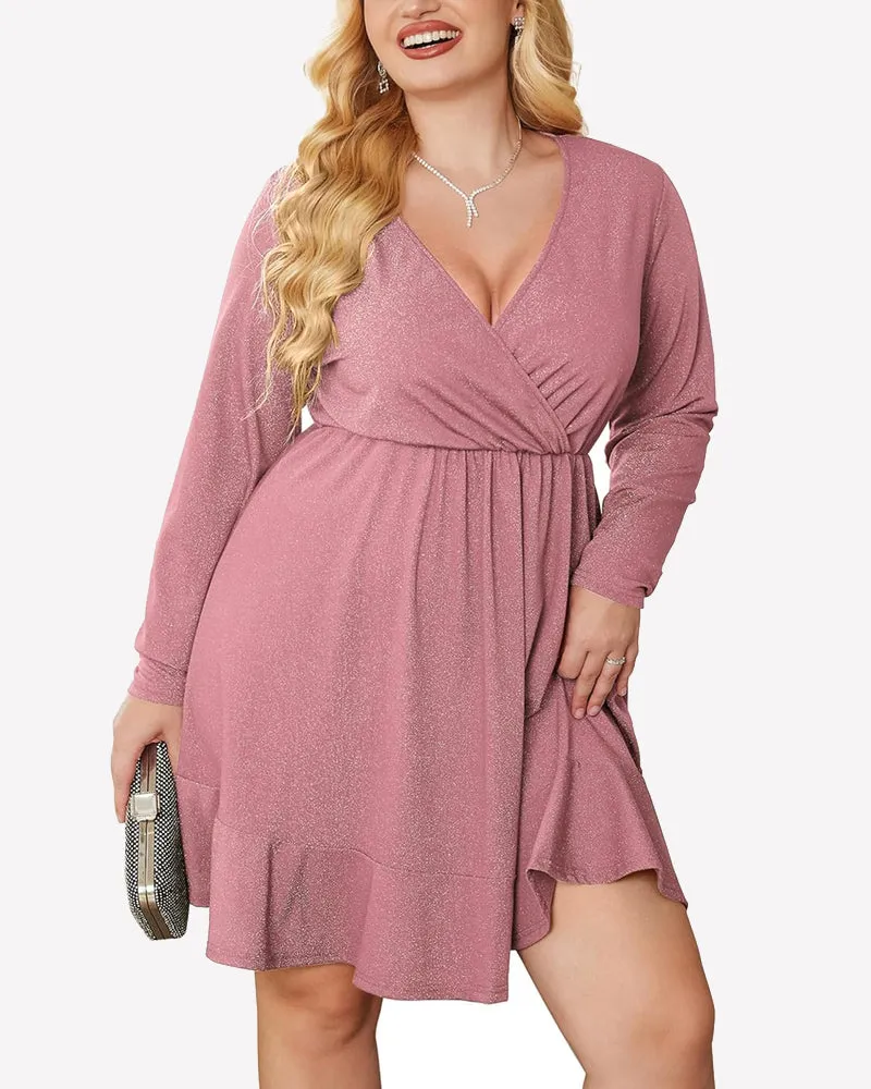 Zeagoo Plus Size Glitter Dress Long Sleeve Ruffle Hem Swing Dresses