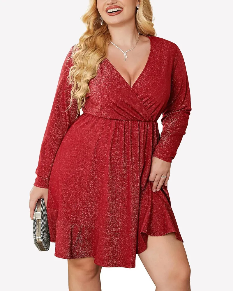 Zeagoo Plus Size Glitter Dress Long Sleeve Ruffle Hem Swing Dresses