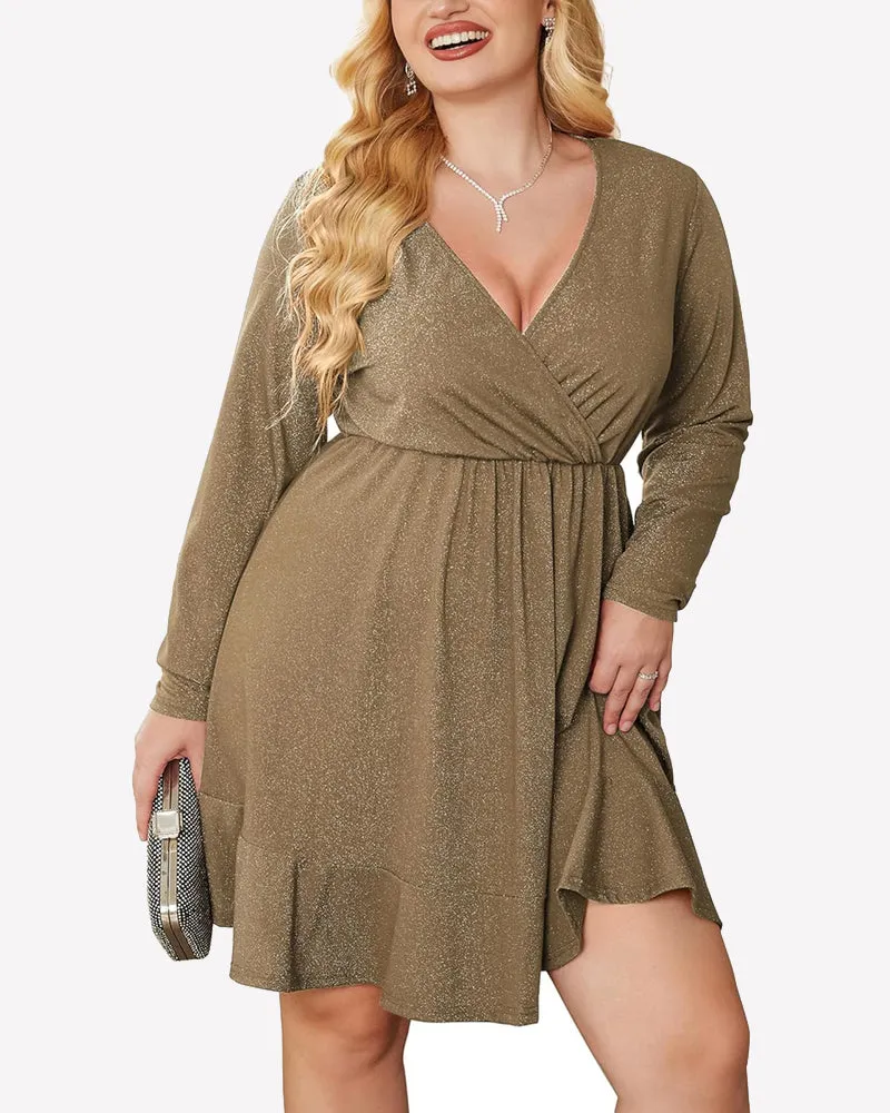 Zeagoo Plus Size Glitter Dress Long Sleeve Ruffle Hem Swing Dresses