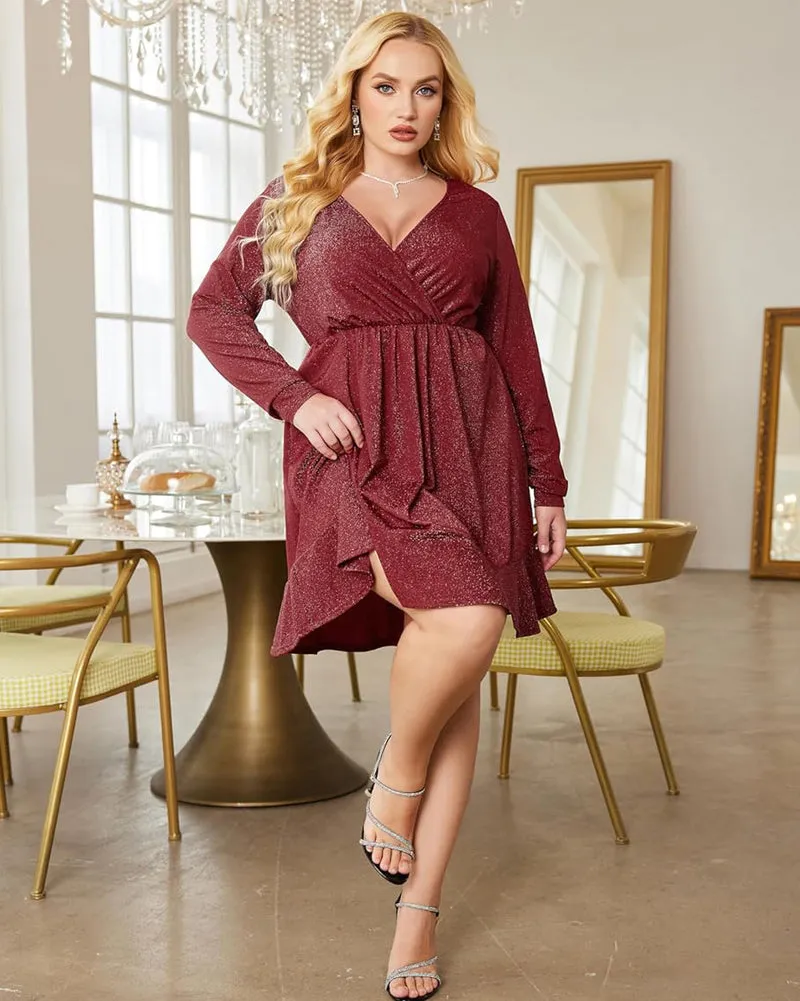 Zeagoo Plus Size Glitter Dress Long Sleeve Ruffle Hem Swing Dresses