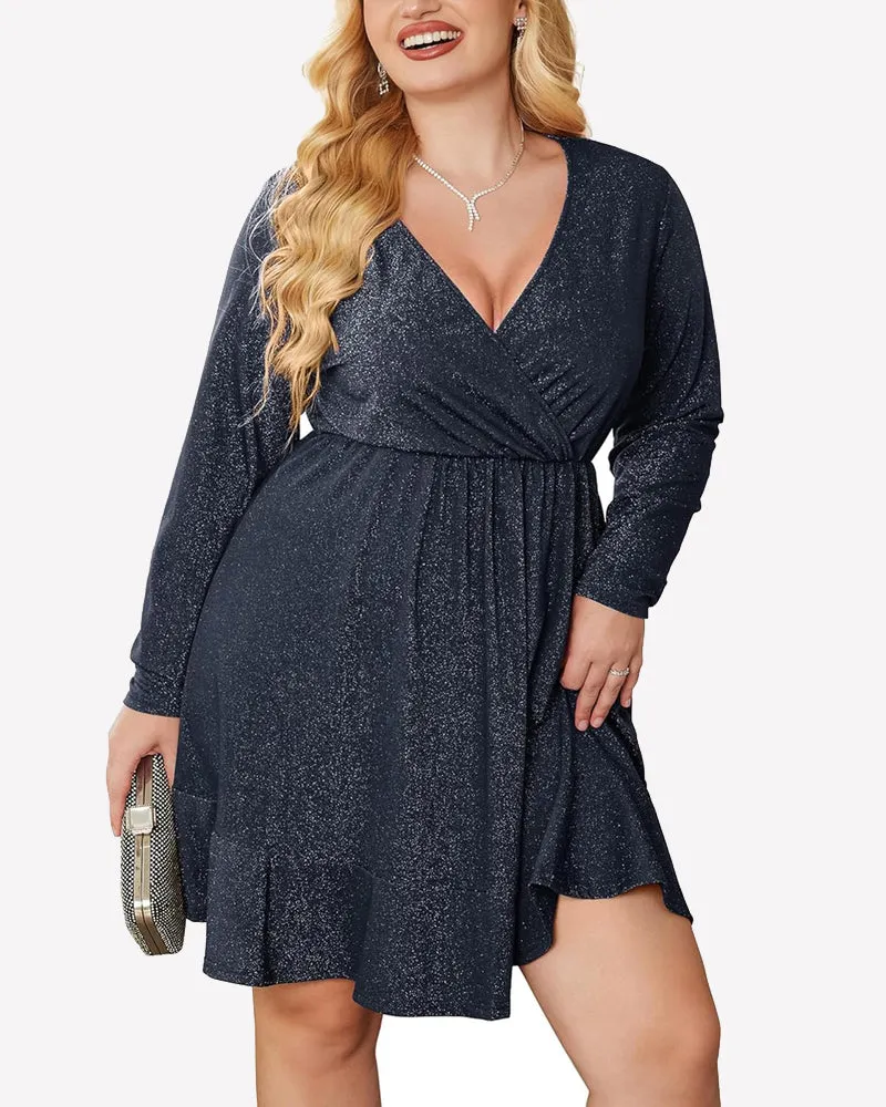 Zeagoo Plus Size Glitter Dress Long Sleeve Ruffle Hem Swing Dresses