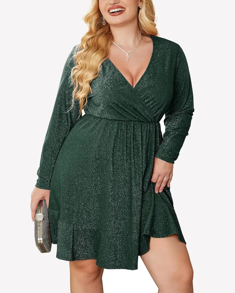 Zeagoo Plus Size Glitter Dress Long Sleeve Ruffle Hem Swing Dresses